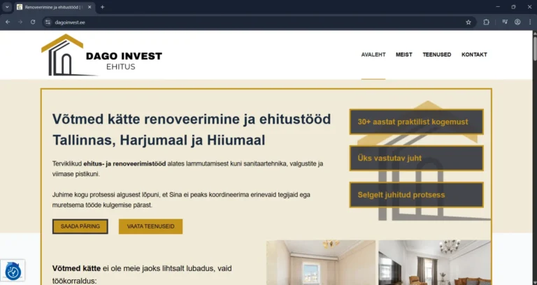 Dagoinvest.ee koduleht ehitusteenuse pakkujale visiitkaardi tüüpi koduleht.