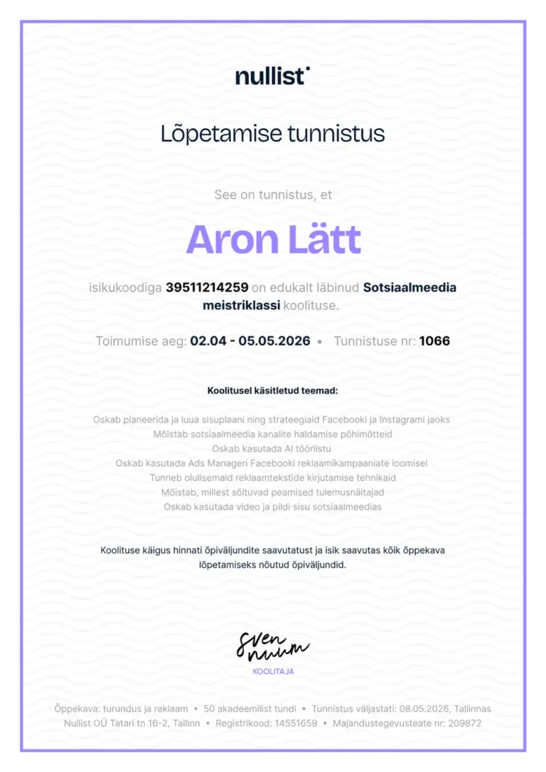 Sotsiaalmeedia spetsialisti meistriklass - tunnistus läbimise kohta - Aron Lätt